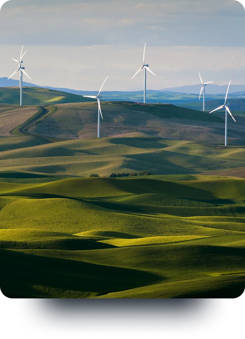 Wind turbines in a green field.